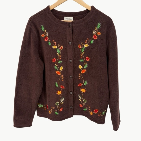 Essentials By Maggie Sweaters - Vintage Maggie Embroidered Fleece Cardigan Size Large Brown 90s Cottagecore